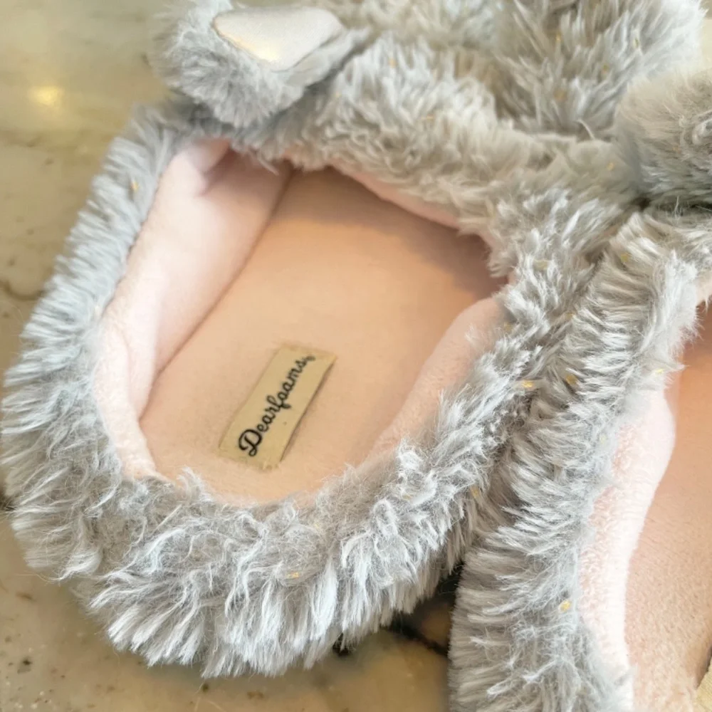 Grey gray bunny slippers with shimmer gold & pastel pink accents Easter rabbit